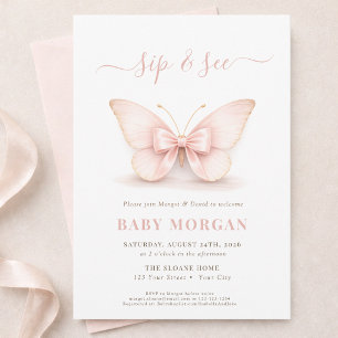 Blush Little Butterfly Newborn Baby Sip And See  Invitation