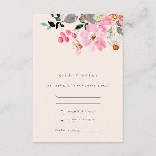 Blush Lively Pink Watercolor Floral Wedding RSVP Enclosure Card