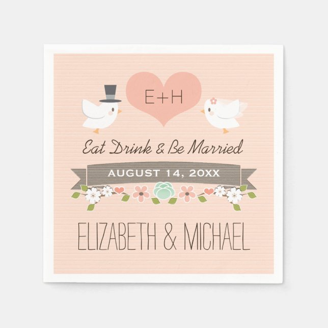 Blush Love Bird Dove Wedding Paper Napkins (Front)