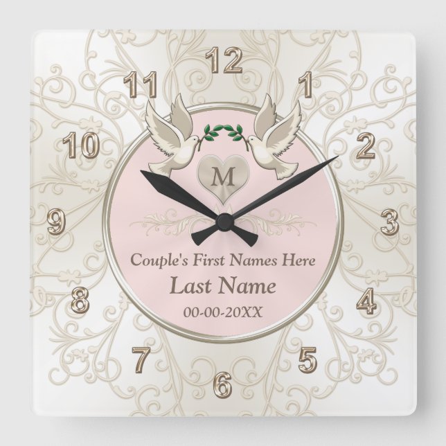 Blush Love Birds Wedding Gifts Clock, Personalized Square Wall Clock (Front)