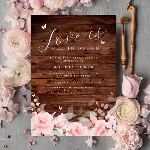 Blush Love is in Bloom Rustic Wood Bridal Shower  Foil Invitation