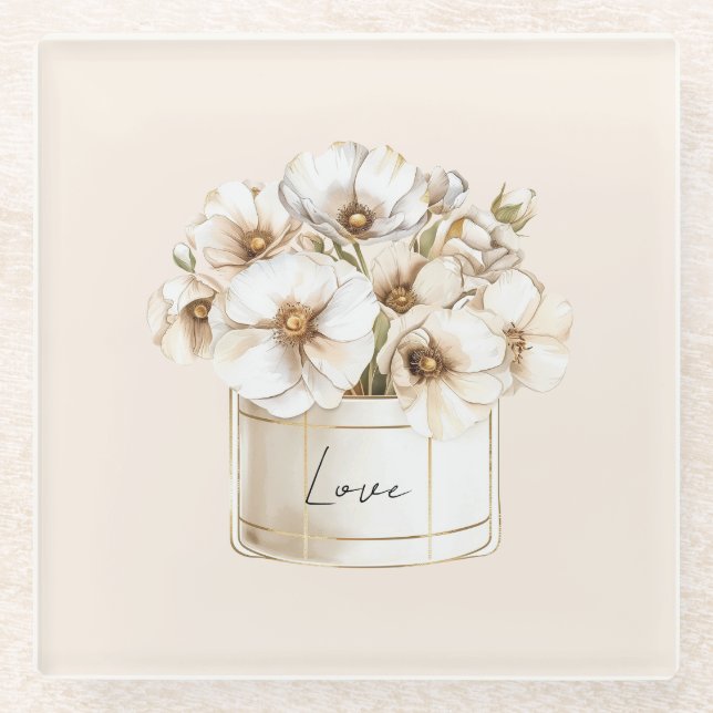 Blush Love Pretty White Flowers Glass Coaster (Front)
