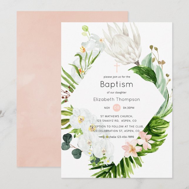 Blush Lush Paradise Tropical Floral Baptism Invitation (Front/Back)