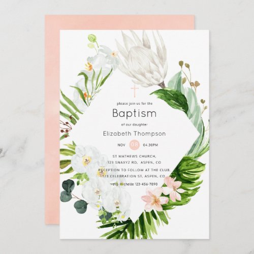 Blush Lush Paradise Tropical Floral Baptism Invitation