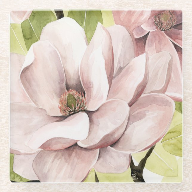 Blush Magnolia Flowers Glass Coaster (Front)