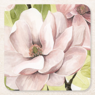 Blush Magnolia Flowers Square Paper Coaster