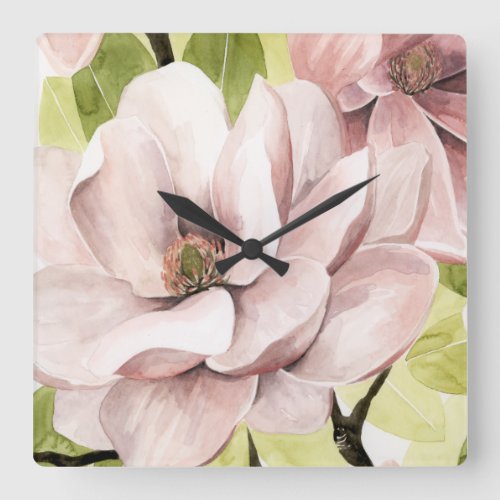 Blush Magnolia Flowers Square Wall Clock
