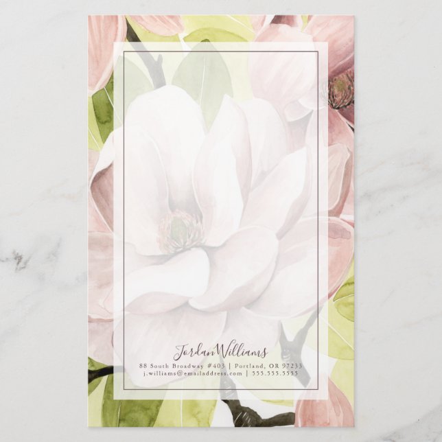 Blush Magnolia Flowers Stationery (Front)