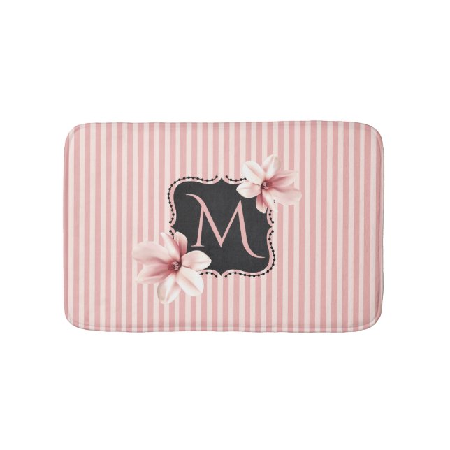 Blush Magnolias and Stripes Monogrammed Bath Mat (Front)
