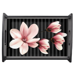 Blush Magnolias on Black Stripes Serving Tray