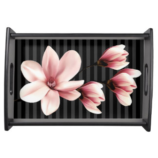 Blush Magnolias on Black Stripes Serving Tray