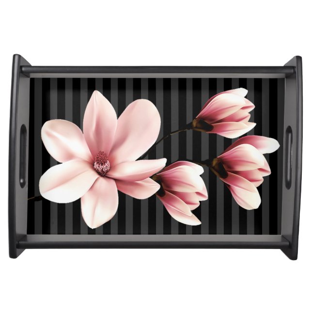 Blush Magnolias on Black Stripes Serving Tray (Front)