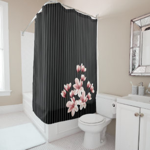 Blush Magnolias on Black Stripes Shower Curtain