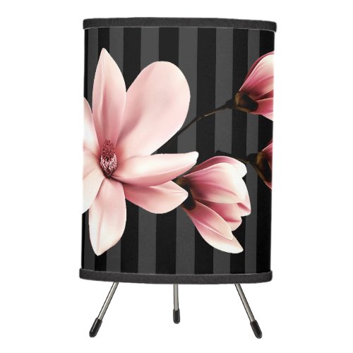 Blush Magnolias on Black Stripes Tripod Lamp