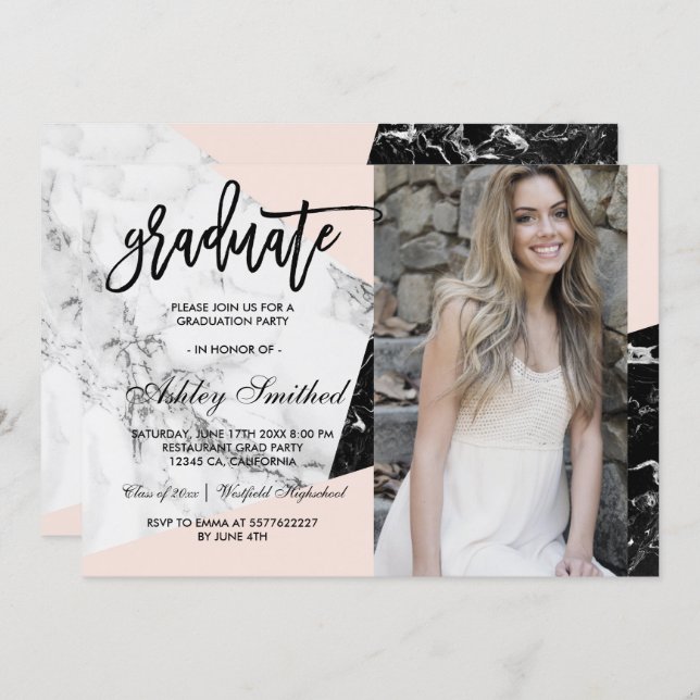 Blush marble color block graduate typography invitation (Front/Back)