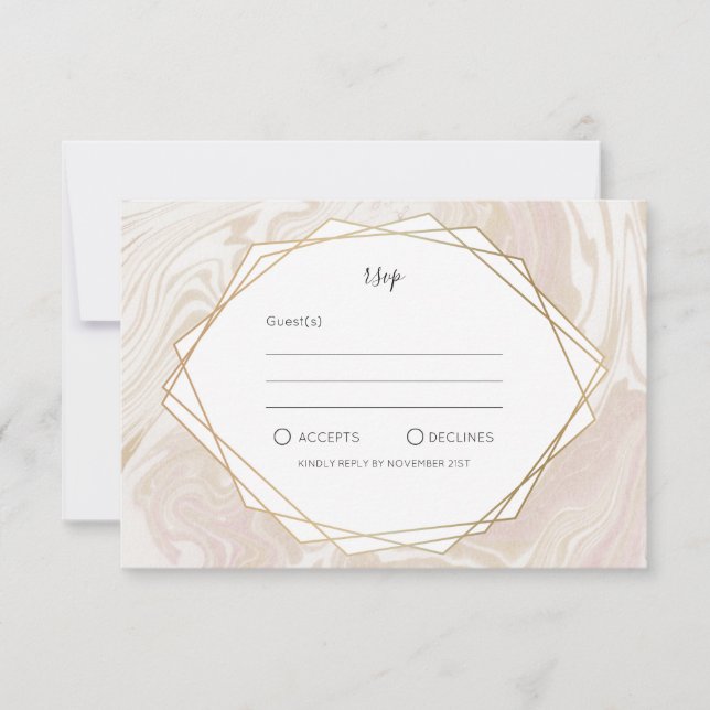 Blush Marble Faux Gold Geometric Frame RSVP Card (Front)