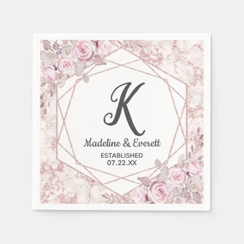 Blush Marble Geometric Floral Monogram Wedding Napkins