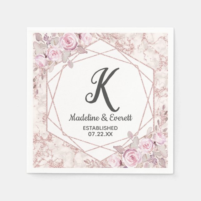 Blush Marble Geometric Floral Monogram Wedding Napkins (Front)
