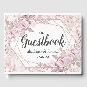 Blush Marble Geometric Floral Wedding Monogram Guest Book