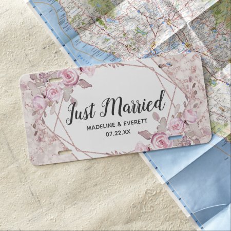 Blush Marble Geometric Frame Wedding Just Married License Plate