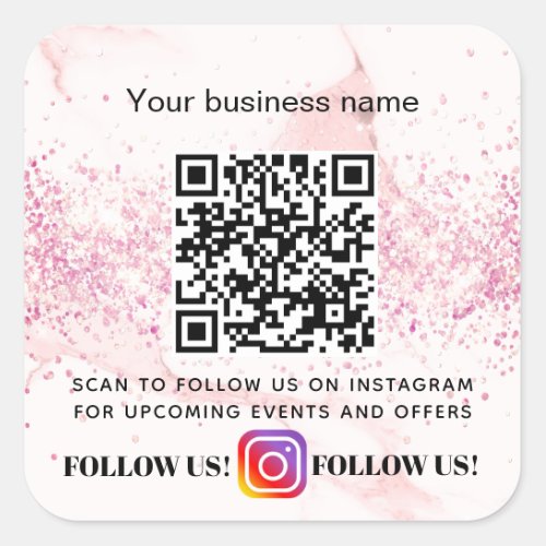 Blush marble glitter business QR code Instagram Square Sticker