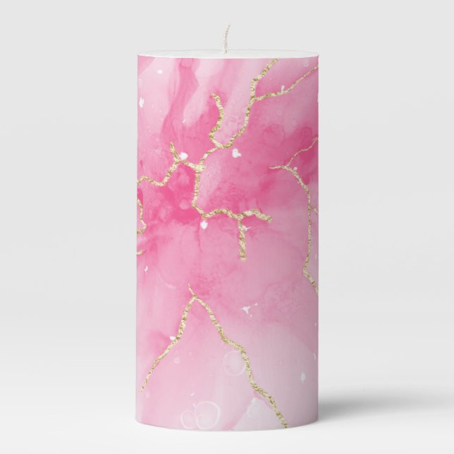 Blush Marble & Gold Vein Pillar Candle design  (Front)
