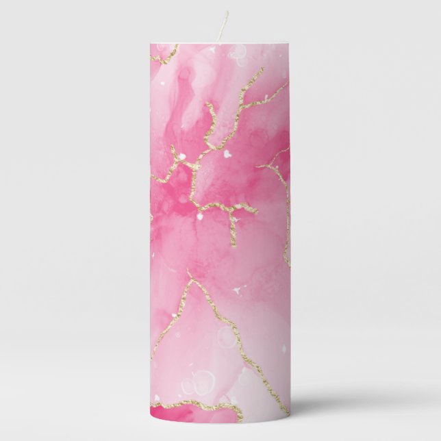Blush Marble & Gold Vein Pillar Candle design  (Front)