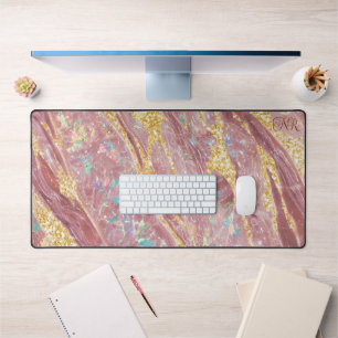 Blush Marble Opal & Gold Glitter Monogram Cute Desk Mat