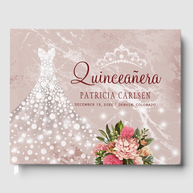 Blush marble sparkle diamonds dress quinceanera guest book (Front)