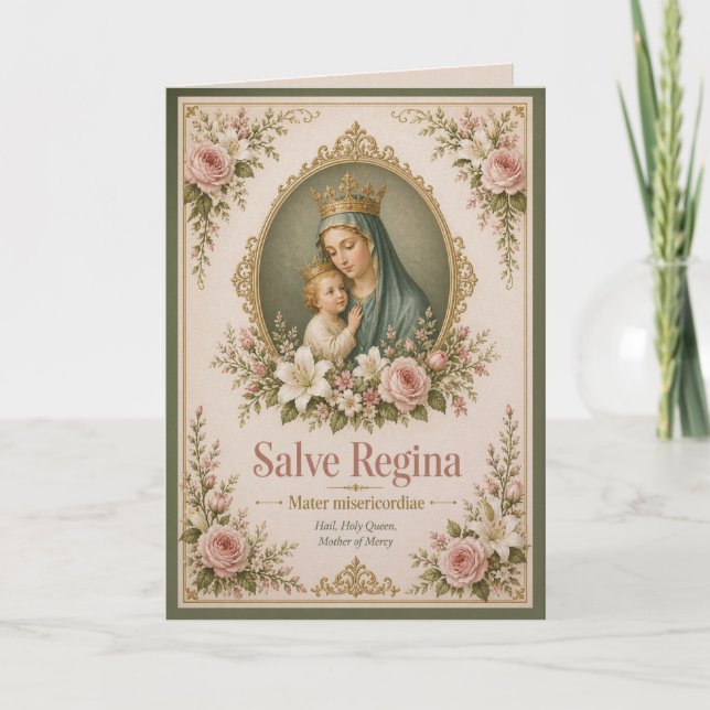 Blush Marian Salve Regina Catholic Devotional Card (Front)