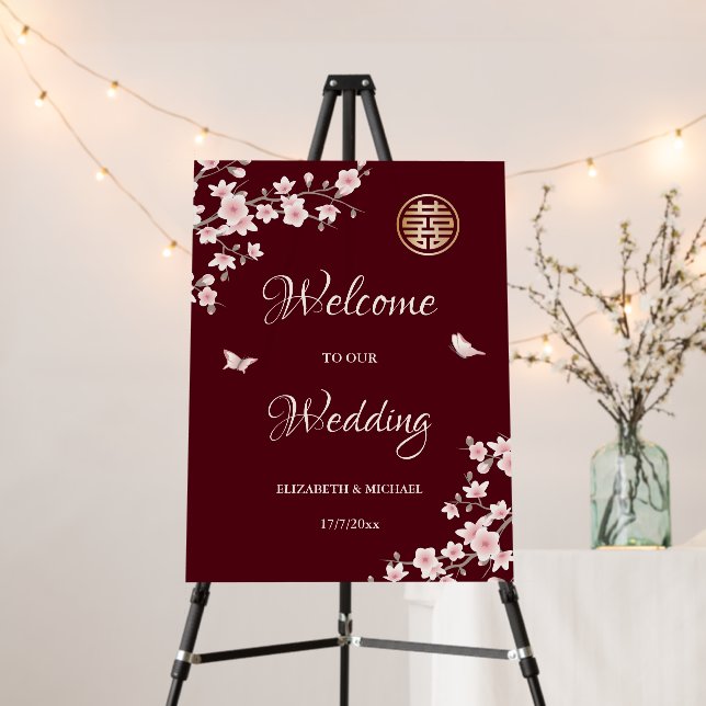 Blush Maroon Chinese Wedding Welcome Foam Board (In Situ (Stand))