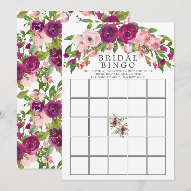 Blush Marsala Floral Bridal Shower Bingo Game Invitation (Front/Back)