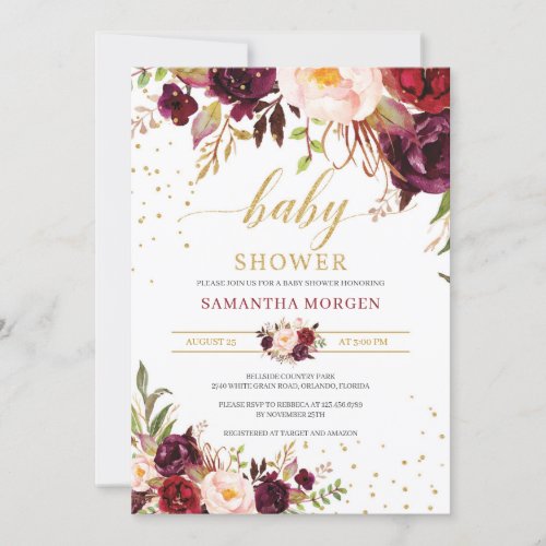 Blush marsala pink floral gold boho baby shower invitation