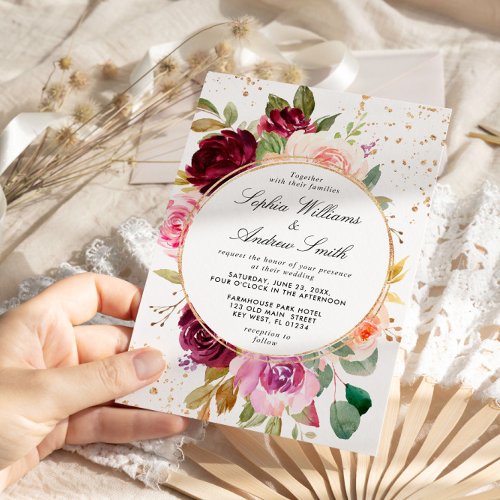 Blush Marsala Roses  Gold Dots Wedding Invitation