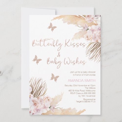 Blush Mauve Floral Butterfly Kisses Baby Shower  Invitation