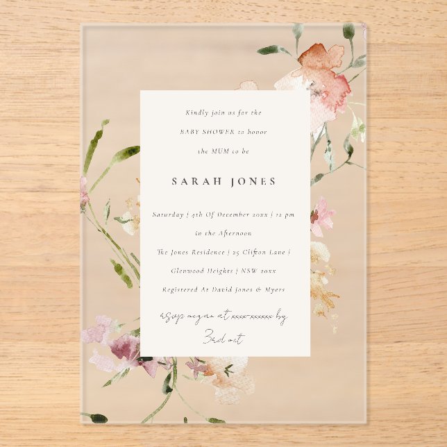 Blush Meadow Watercolor Floral Baby Shower Acrylic Invitations (Front)