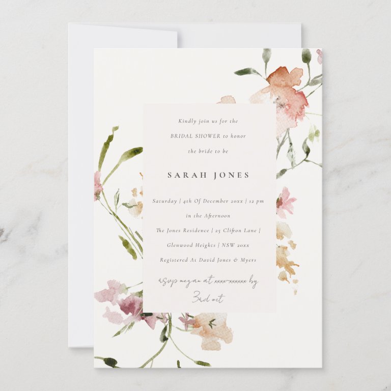 Blush Meadow Watercolor Floral Bridal Shower Invitation