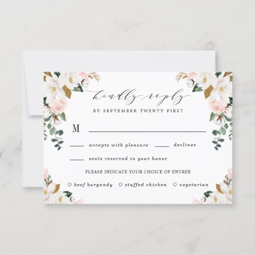 Blush Meal Choice Gold and White Magnolia Wedding RSVP Card - Designs features elegant magnolia, peony rose, eucalyptus, greenery and other watercolor elements in white, blush pink or pink peach and more. The greenery features shades of dark and light green colors with some elements featuring gold, antique gold and copper. This classy item is versatile for varieties of wedding themes -- spring, summer, winter, country, vintage, beach and more.  View the collection on this page to view matching items in this design.