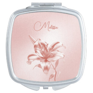 Blush Metallic 3D Lily Flower Compact Mirror