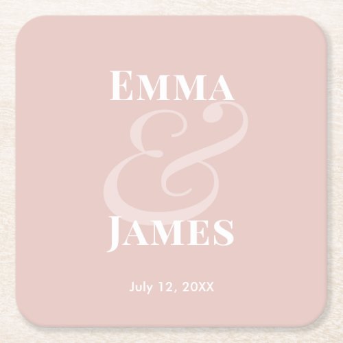 Blush Minimalist Ampersand Wedding | Reverse  Square Paper Coaster