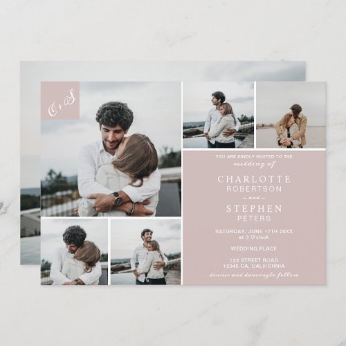 Blush minimalist casual initials 6 photos wedding invitation