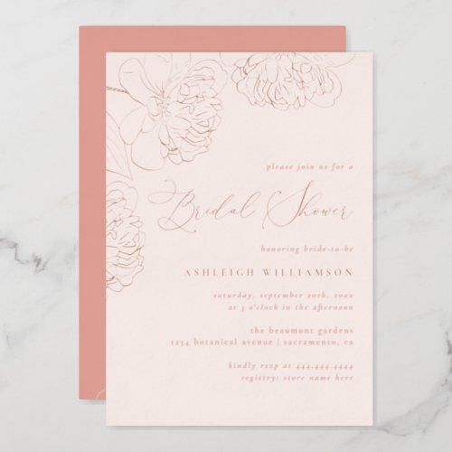 Blush Minimalist Hand_drawn Peonies Bridal Shower Foil Invitation