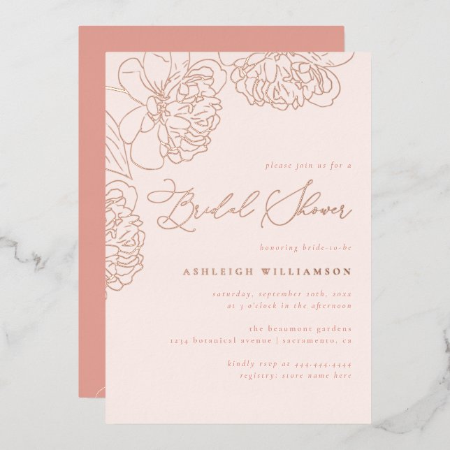 Blush Minimalist Hand-drawn Peonies Bridal Shower Foil Invitation (Front/Back)