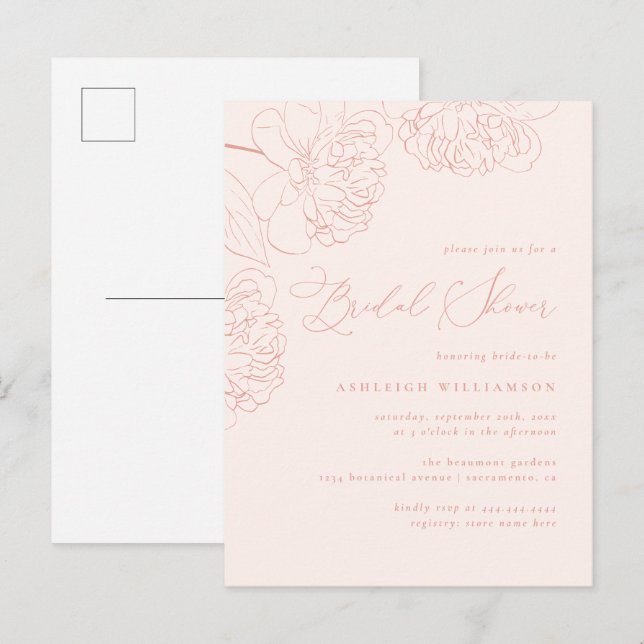 Blush Minimalist Hand-drawn Peonies Bridal Shower Invitation Postcard (Front/Back)