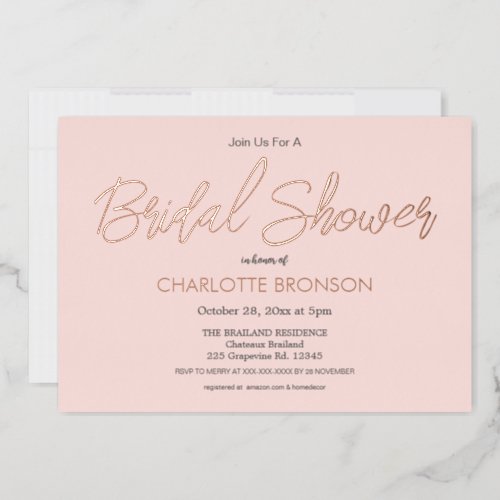 Blush Minimalist Script Bridal Shower Rose Gold Foil Invitation