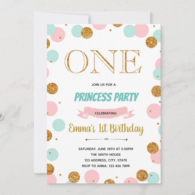 Blush mint confetti 1st one birthday card (Front)