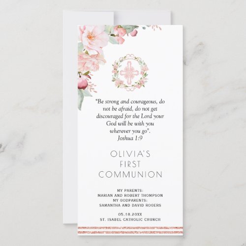 Blush Mint Floral First Communion Bookmark Favor Thank You Card