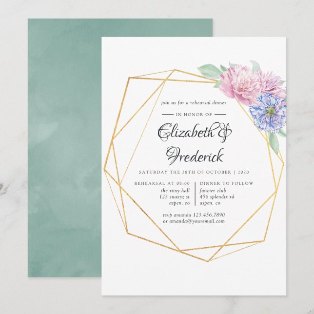 Blush & Mint Geometric Floral Rehearsal Dinner Invitation (Front/Back)