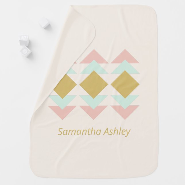 Blush Mint Modern Geometric Triangles Personalized Baby Blanket (In Situ)