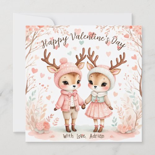 Blush  Mint Reindeer Lovebirds Valentines Day Holiday Card
